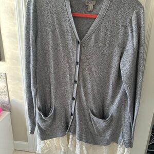LOGO by Lori Goldstein Heather Gray Cardigan with Lace Trim